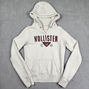 Y2K Hollister Hoodie Women Small White Grunge Preppy Pullover Fleece Embroidered
